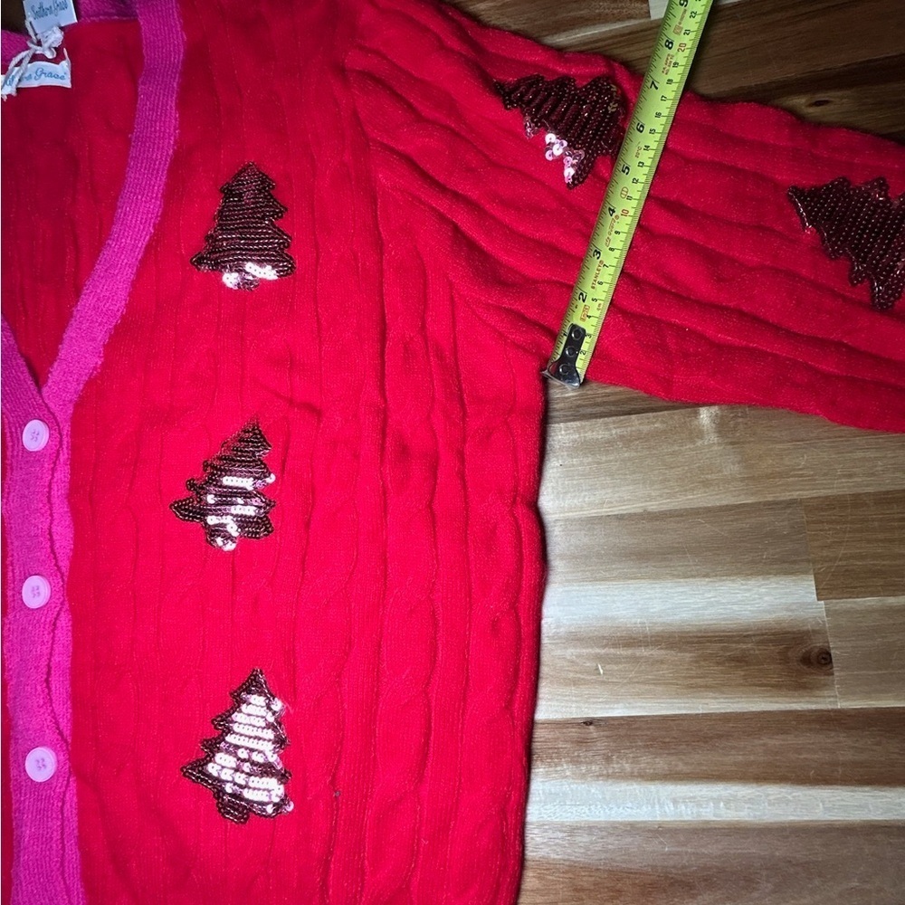 Southern Grace Bright Red Button Down Oversized Cardigan Pink Trim Sequin Trees - Picture 8 of 11